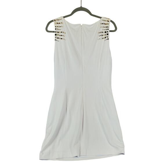Cache White Ruched Shapely Mini Dress Size 12 Gold Geometric Studs Drape Fit NWT - Picture 2 of 14